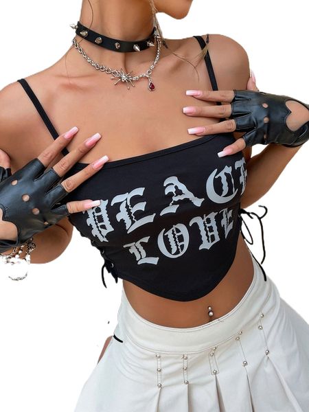 

letter graphic grommet lace up side crop cami m3gq#, White