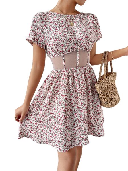 

ditsy floral print contrast mesh shirred back dress x2dr#, Black;gray
