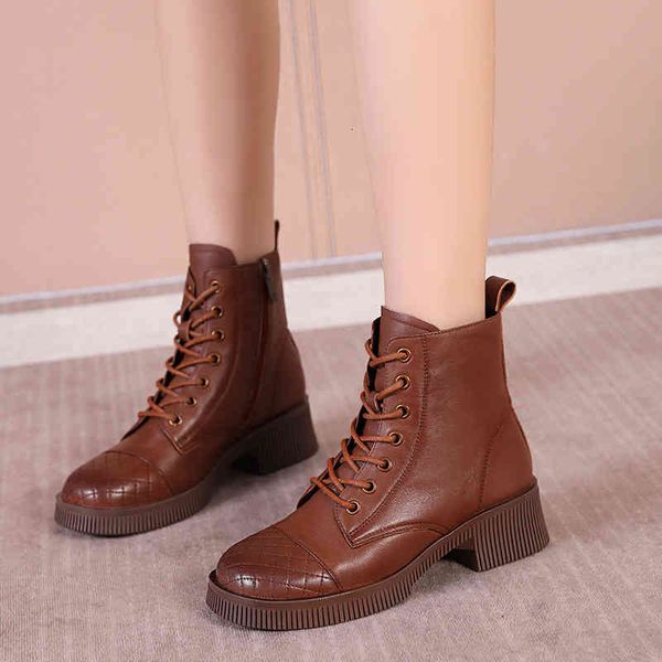 

slippers first layer cowhide martin boots women's thick soled short in autumn and winter middle tube british lace up soft shoes sgff, Black