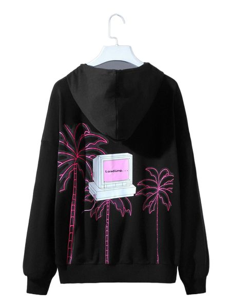 

x iiiamselina computer & tree print drawstring hoodie 36dr#, Black