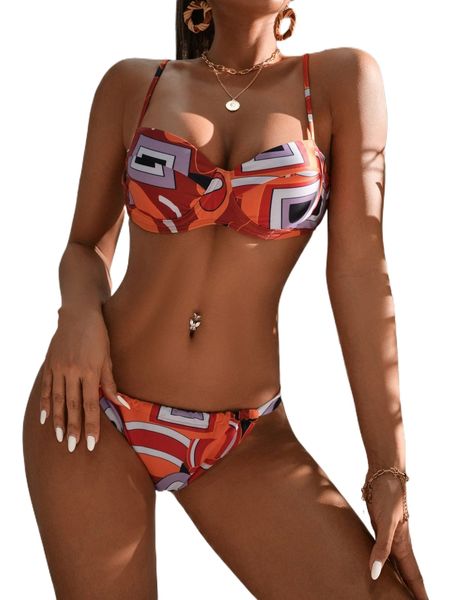 

allover print underwire thong bikini swimsuit w051#, White;black