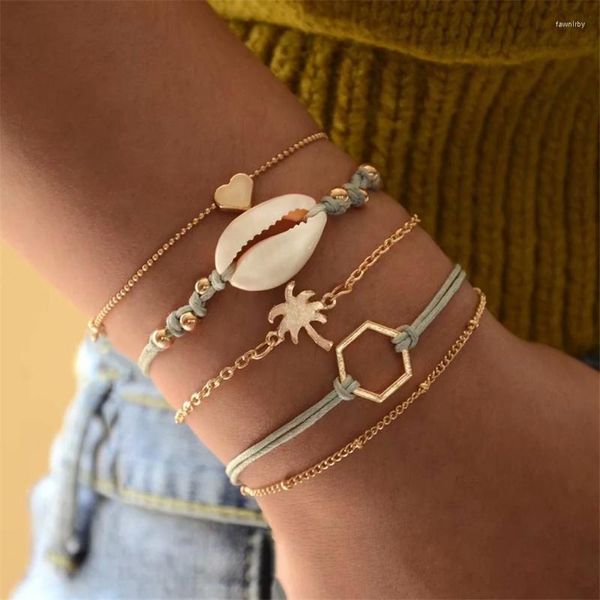 Fili di perline Boho Fashion Multilevel 2022 Bracciale a catena geometrica conchiglia a forma di cuore Albero di cocco per le donne Gioielli vintage in oro Party G