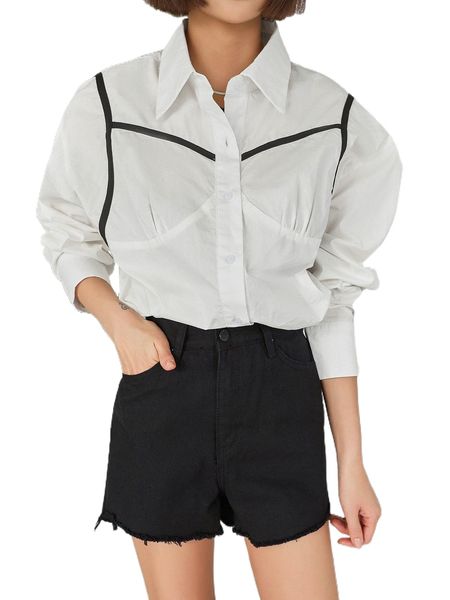 

dazy contrast binding button front blouse e6ii#, White