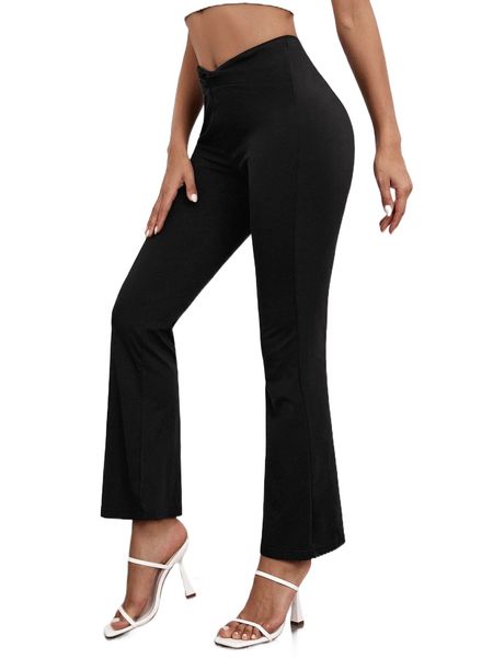 

twist asymmetrical waist flare leg pants 94jw#, Black;white
