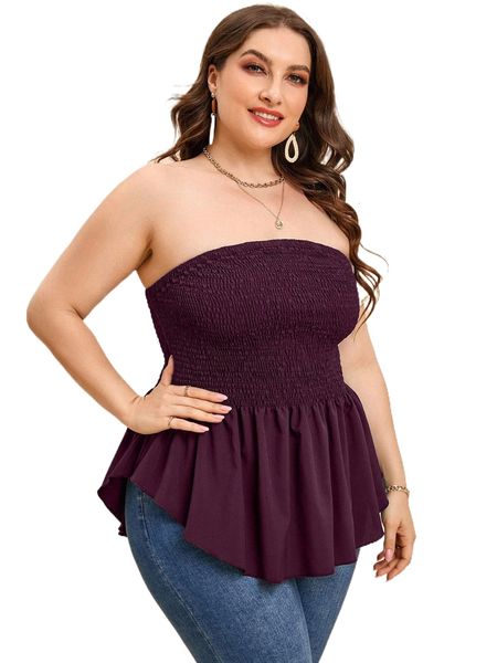 

plus shirred ruffle hem tube f8l4#, Black