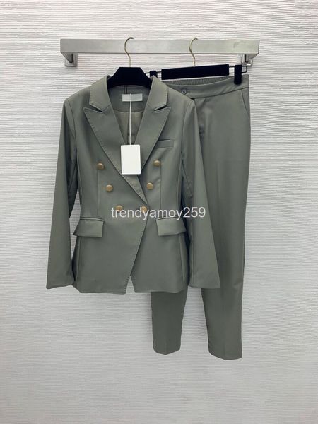 

women's two piece pants double row button suit lapel long sleeve coat middle waist straight tube nine point pants, White