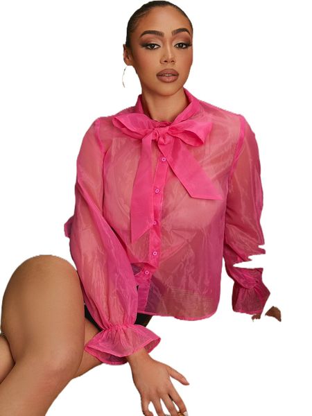 

tie neck flounce sleeve organza blouse without bra y9f8#, White
