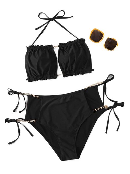 

plus frill trim chain linked tie side bikini swimsuit 79hg#, White;black