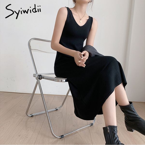 

knitted dress for women black midi long empire sleeveless aline loose v neck dresses spring summer korean fashion 210415, Black;gray