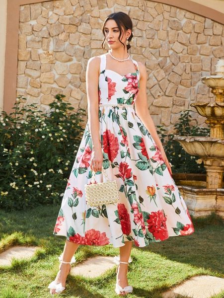 

allover floral print crisscross dress without belt 50di#, Black;gray