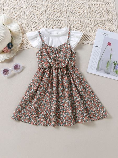 

toddler girls butterfly sleeve tee & ditsy floral ruched cami dress she, White