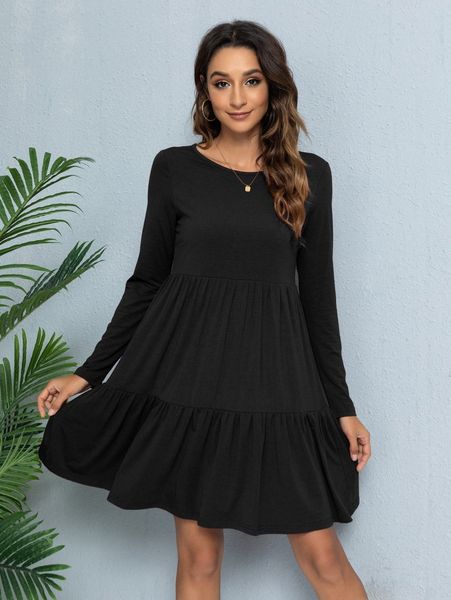 

dearcase solid round neck smock dress l5b2#, Black;gray