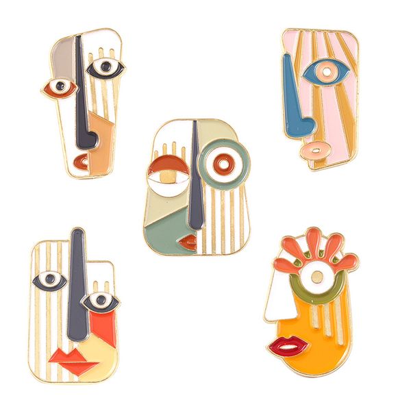 

european abstract art face mask brooches set 5pcs enamel paint badges for boys alloy lapel pin denim shirt fashion jewelry gift bag hat acce, Gray