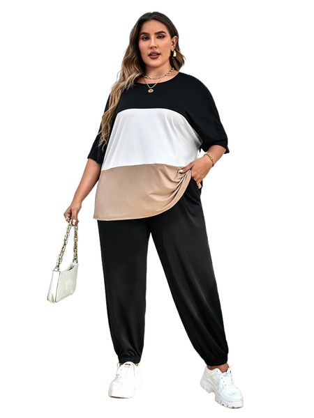 

plus colorblock drop shoulder tee & sweatpants i1hr#, Black