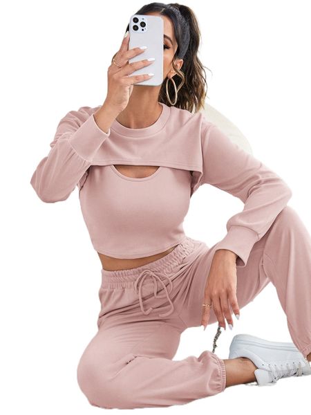 

3pcs scoop neck tank & super crop pullover & sweatpants lounge set 27ir#, Black;red