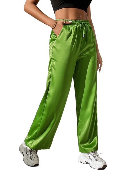 

petite satin drawstring waist slant pocket pants h2do#, Black;white