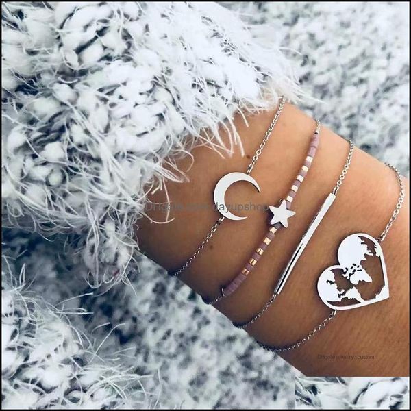 

charm bracelets jewelry 4 pcs/set bohemian retro star moon map heart chain bracelet set women party accessorie dhj4o, Golden;silver