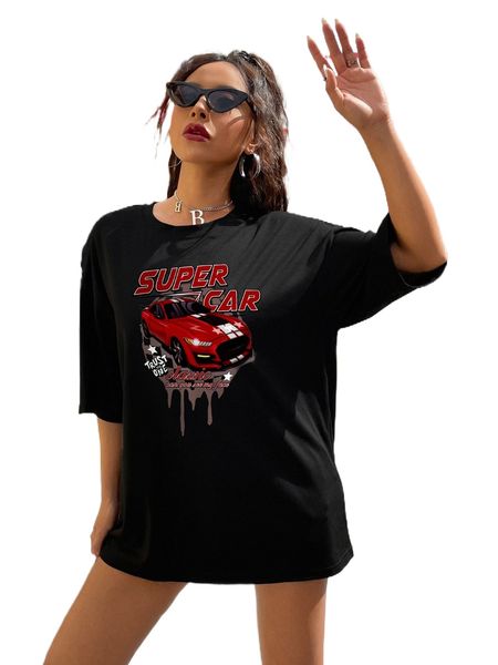 

l.etter & c.ar print tee e3ey#, White
