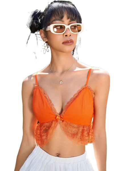 

contrast lace bow front tie back cami u6at#, White