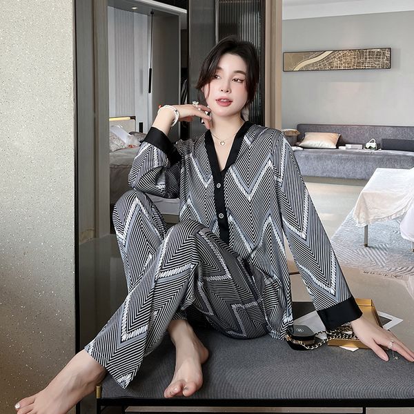 

women's pajamas set luxury fashion psychedelic ripple sleepwear silk like homewear v neck nightwear, Red;black