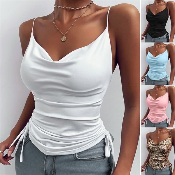 

women tank v neck camisole cami drawstring spaghetti strap loose sleeveless blouses shirt summer crop 220607, White