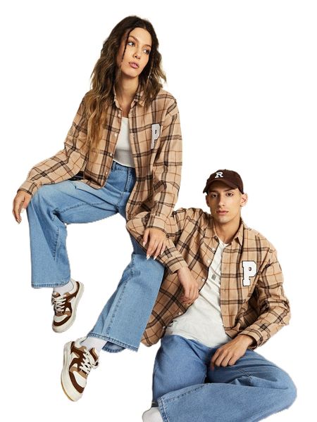 

1pc plaid letter patched detail drop shoulder shirt e8qd#, White;black