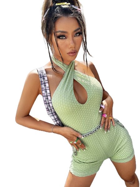 

criss cross tie back textured unitard romper without belt l0vl#, Black;white