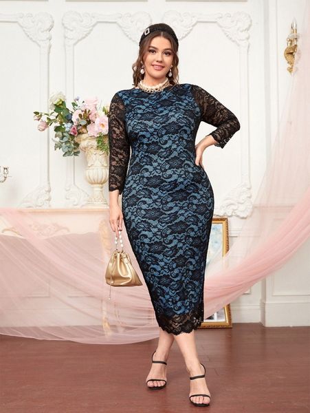 

plus scallop trim lace bodycon dress t1np#, Black