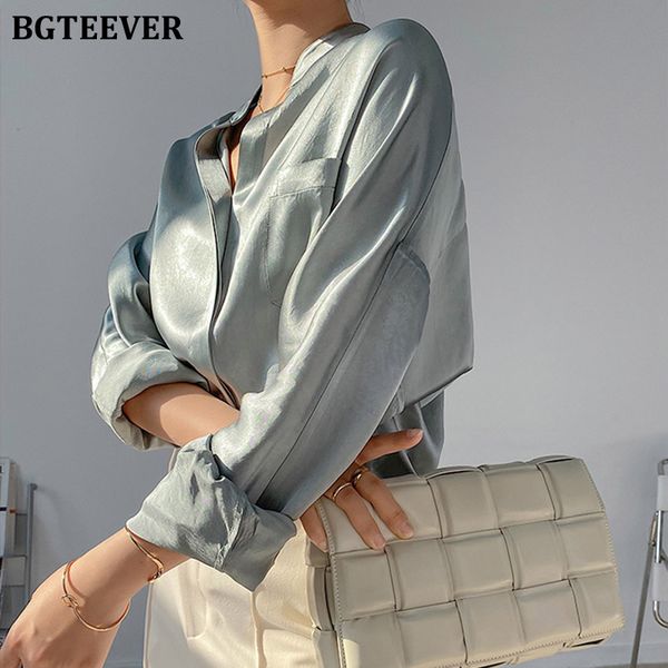 

stylish chic loose women satin blouses shirts 2022 spring elegant long sleeve solid female shirts, White
