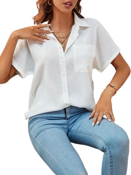 

tall patched pocket batwing sleeve blouse u93k#, White