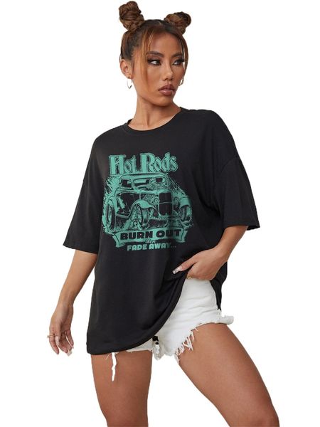 

car & slogan graphic oversized tee y5cb#, White