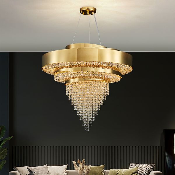 Layering Design Kristall-LED-Kronleuchter-Pendellampen, goldene Beleuchtungskörper, runde Hängelampen für Heimdekoration, Wohnzimmer, Esszimmer, Schlafzimmer