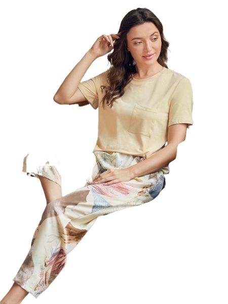 

floral print patched pocket pj set j9ll#, Black;red