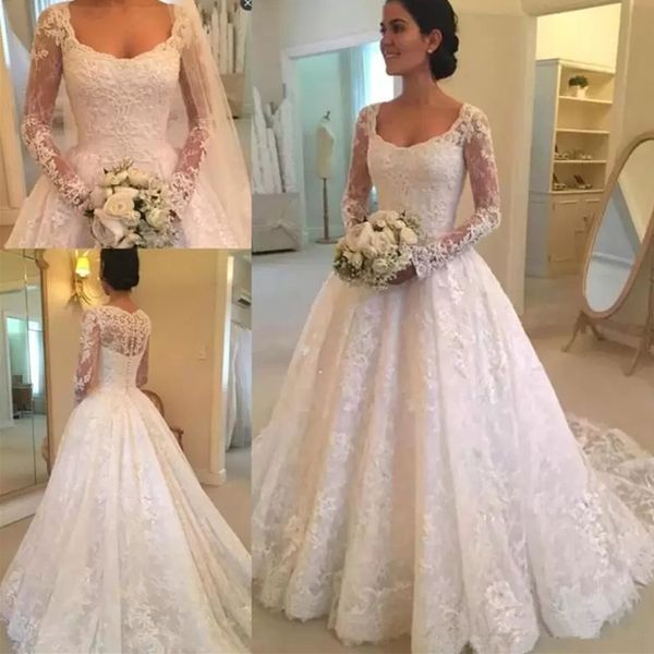 

elegant lace a line wedding dresses long sleeves scoop neck beaded sweep train wedding bridal gowns with buttons, White