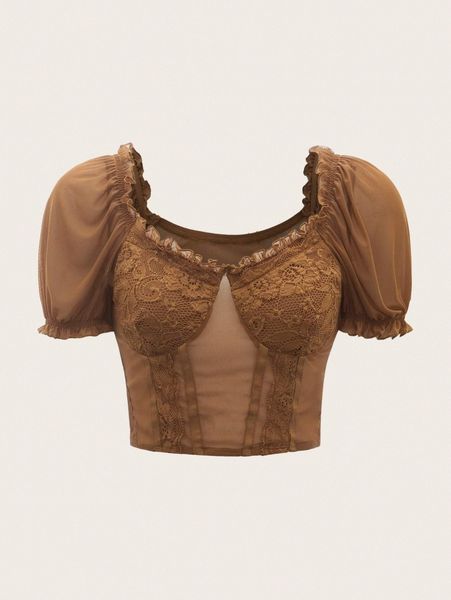 

sweetheart guipure lace puff sleeve mesh panel crop 92wq#, White