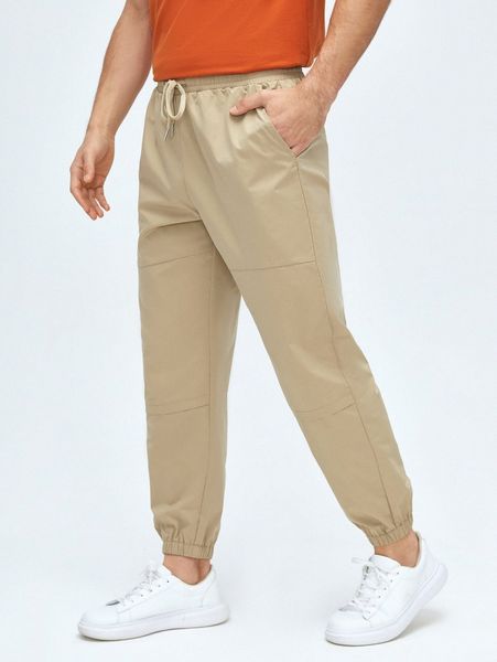 

men drawstring waist slant pocket tapered pants 44dj#, Black