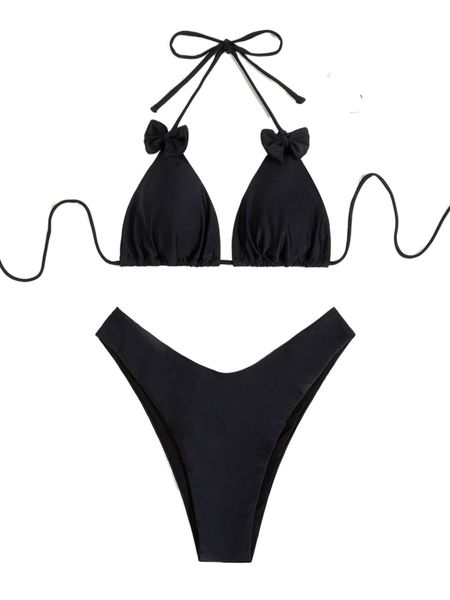 

bow front halter micro triangle bikini swimsuit j9rk#, White;black