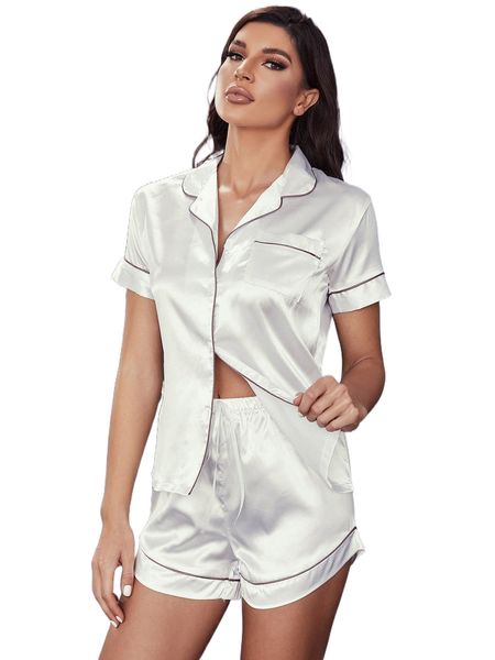 

contrast binding tie front satin pj set t53k#, Black;red