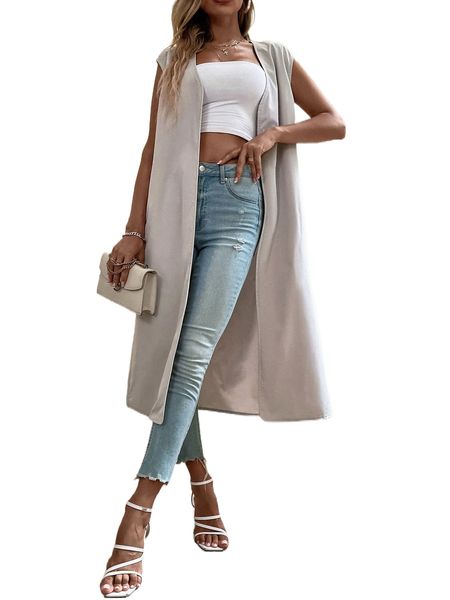 

solid open front sleeveless coat h75b#, Black