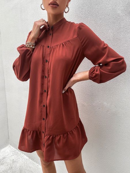 

lantern sleeve ruffle hem smock dress u96u#, Black;gray