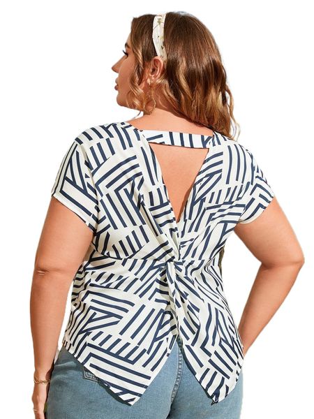 

plus striped cut out twist asymmetrical hem batwing sleeve blouse s4iv#, Black