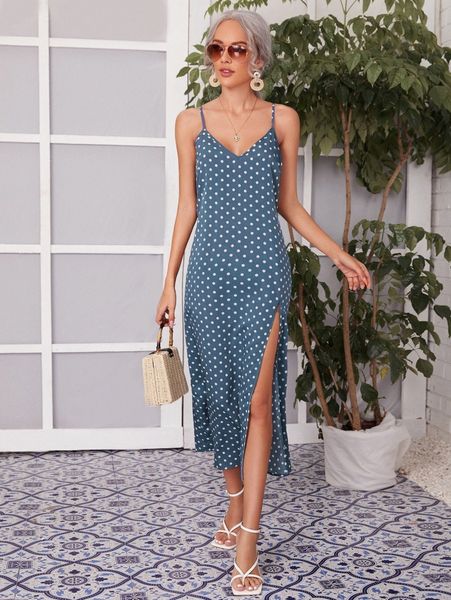 

polka dot split thigh slip dress v8ju#, Black;gray