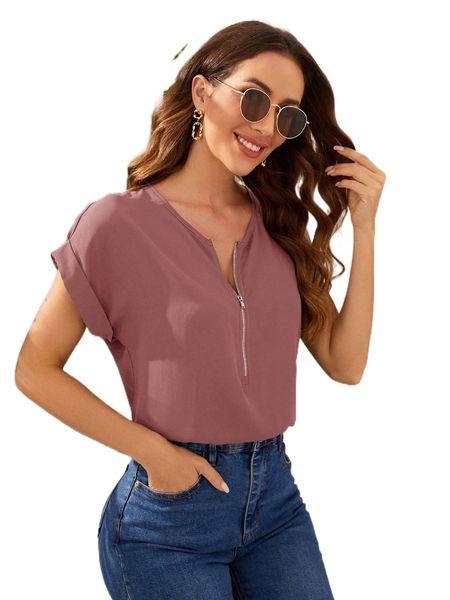 

rolled cuff zip half placket v9il#, White