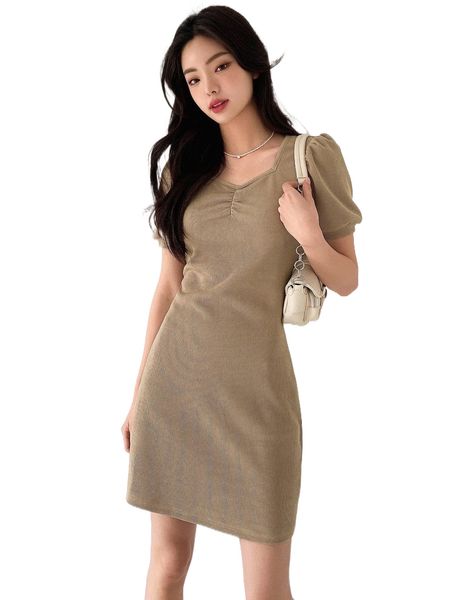 

dazy solid puff sleeve rib knit dress r8qj#, Black;gray