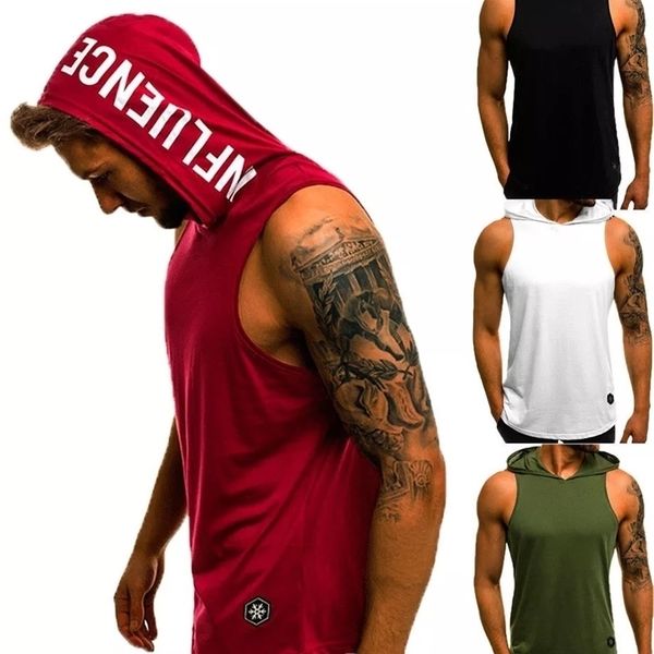 

men hoodies tank sleeveless muscle gym sport slim vest bodybuilding hooded hip hop streetwear workout elastic men tank 220620, White;black