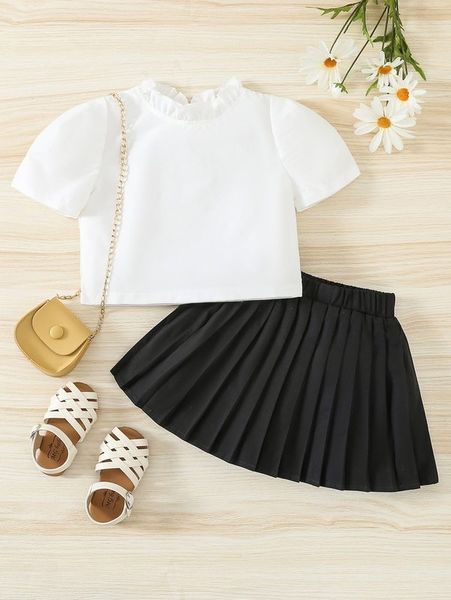 

toddler girls puff sleeve frill neck tee & pleated skirt she, White