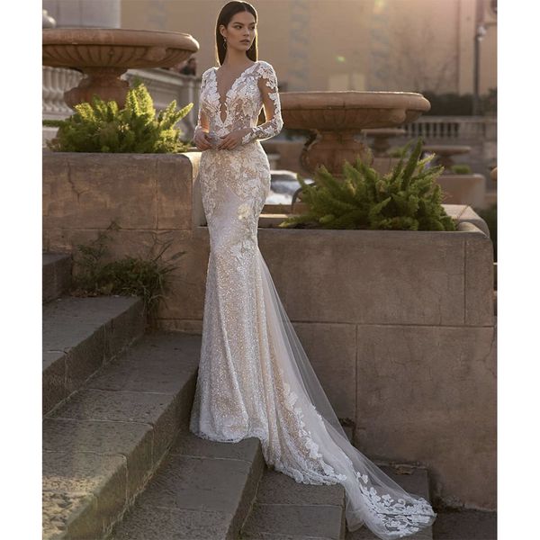 

mermaid wedding dress long sleeves deep v neck hollow appliques sequins floor length elegant 3d lace bridal gowns custom made vestido de nov, White