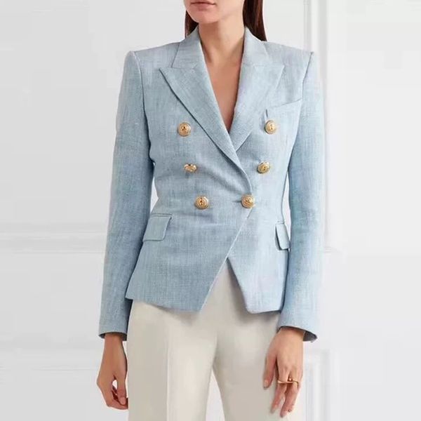 

bl012 high profile suit fashion ladies light blue blazer notched long sleeve double breasted buttons office jacket women blazer, White;black