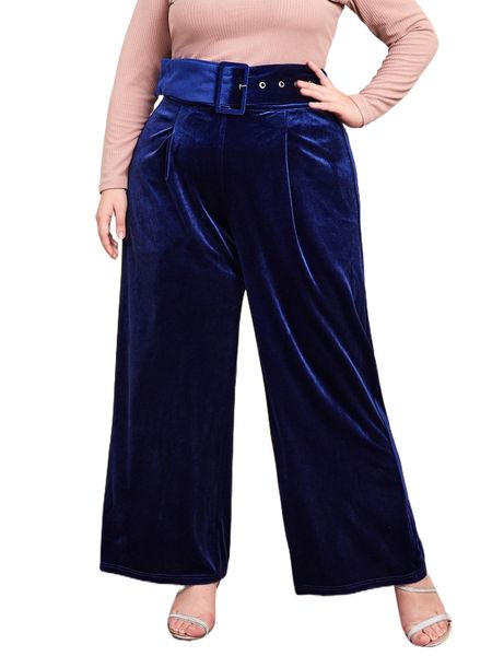

plus 1pc buckle belted velvet wide leg pants o8mu#, Black