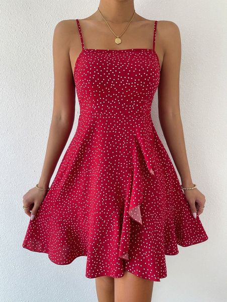 

polka dot print wrap ruffle hem cami dress 79pl#, Black;gray